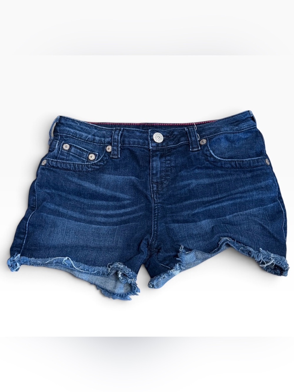 Y2K True Religion Joey Girls Denim Shorts Size 14 XL Dark Wash Frayed